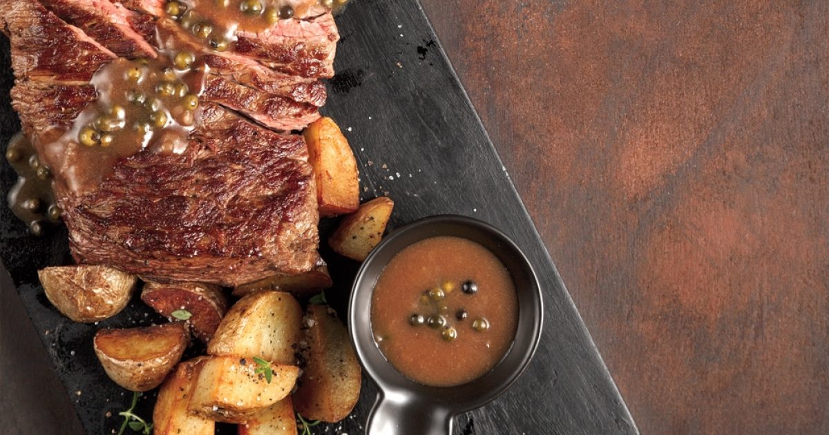 M'LORD Fine Foods - Flank steak with green peppercorn sauce